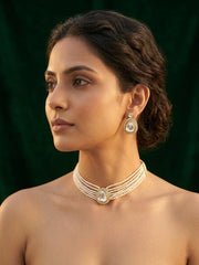 Gold-Toned Pearl Layered Necklace Set with Matching Earrings for Women