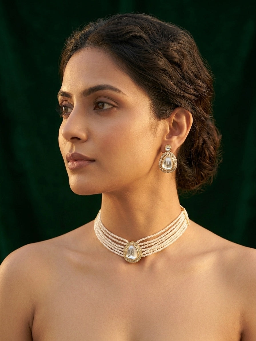 Gold-Toned Pearl Layered Necklace Set with Matching Earrings for Women