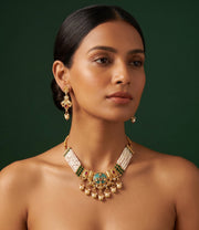 Gold-Toned Pearl Layered Necklace Set with Matching Earrings for Women