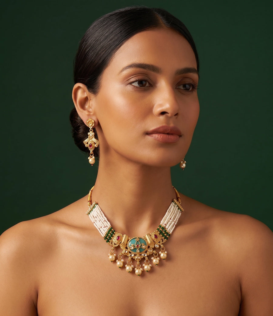 Gold-Toned Pearl Layered Necklace Set with Matching Earrings for Women