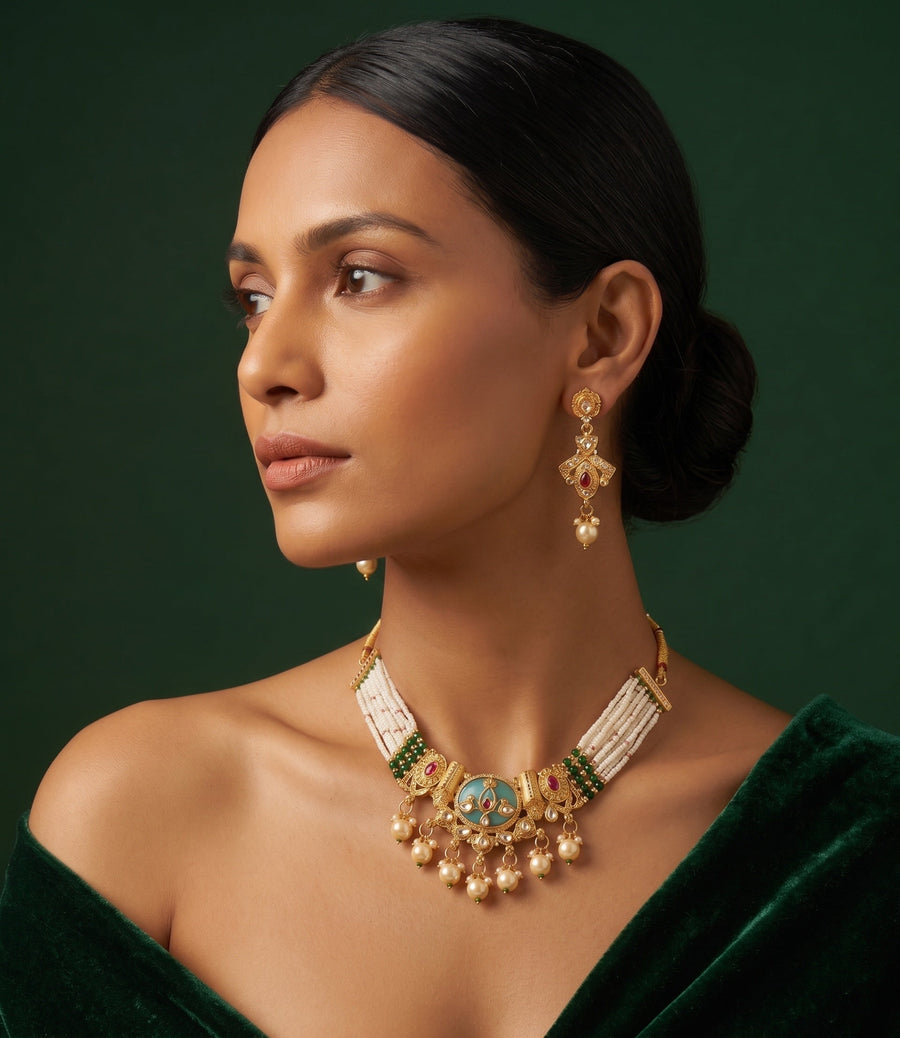 Gold-Toned Pearl Layered Necklace Set with Matching Earrings for Women