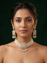 Gold-Toned Pearl Layered Necklace Set with Matching Earrings for Women