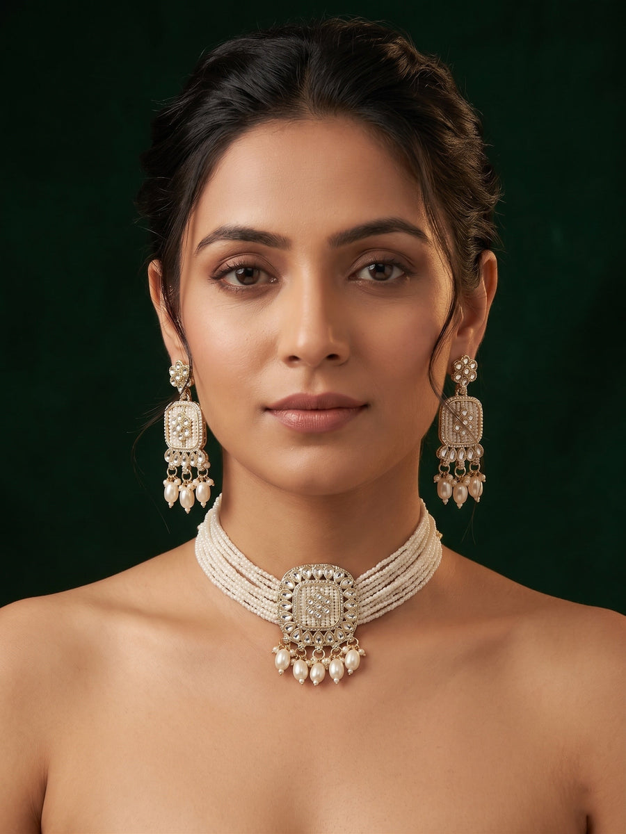 Gold-Toned Pearl Layered Necklace Set with Matching Earrings for Women