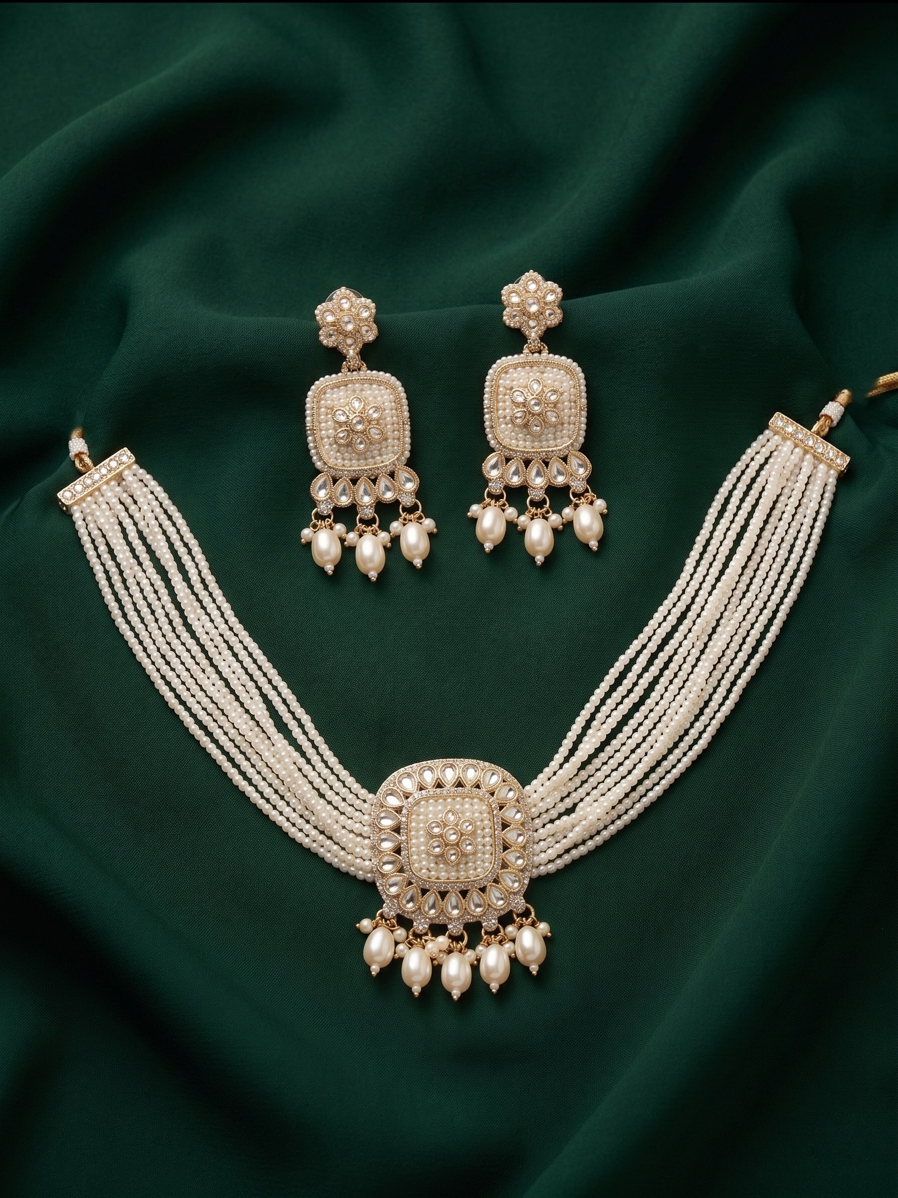 Gold-Toned Pearl Layered Necklace Set with Matching Earrings for Women