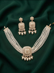 Gold-Toned Pearl Layered Necklace Set with Matching Earrings for Women