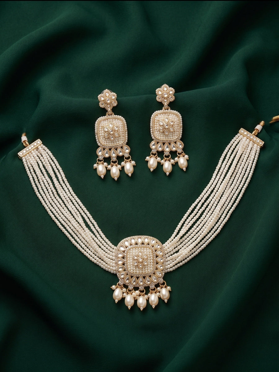 Gold-Toned Pearl Layered Necklace Set with Matching Earrings for Women