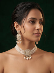 Gold-Toned Pearl Layered Necklace Set with Matching Earrings for Women