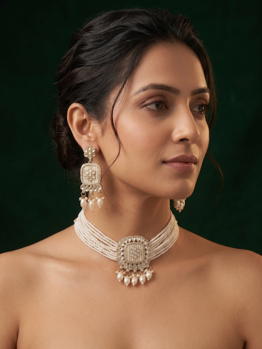 Gold-Toned Pearl Layered Necklace Set with Matching Earrings for Women