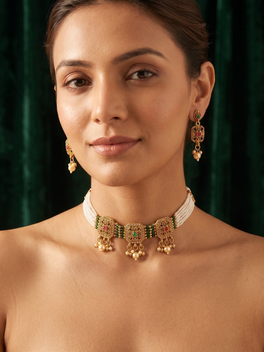 Gold Plated Treditional Choker Necklace & Earrings