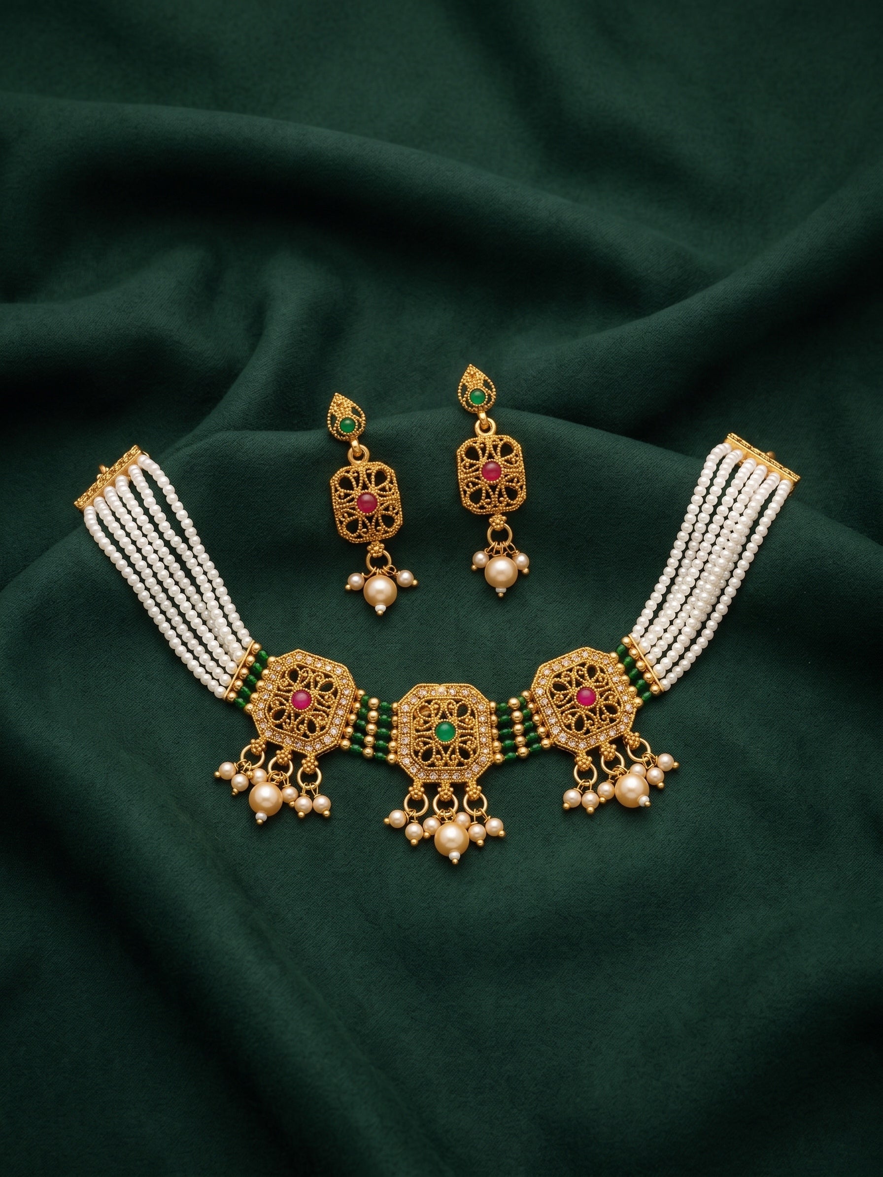 Gold Plated Treditional Choker Necklace & Earrings