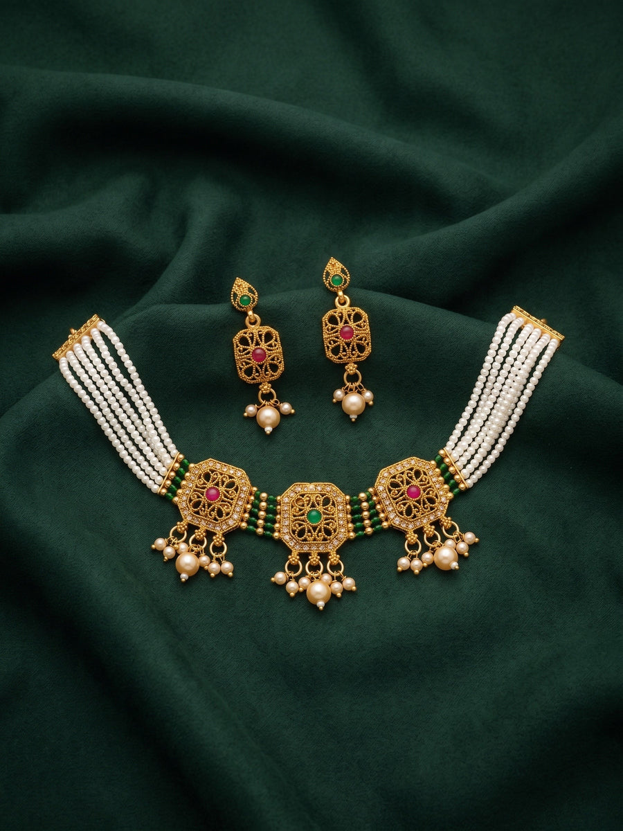 Gold Plated Treditional Choker Necklace & Earrings