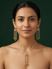Gold-Toned Pearl Layered Necklace Set with Matching Earrings for Women