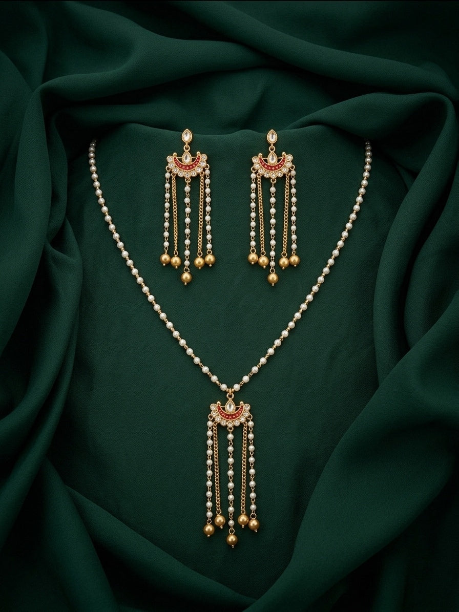 Gold-Toned Pearl Layered Necklace Set with Matching Earrings for Women