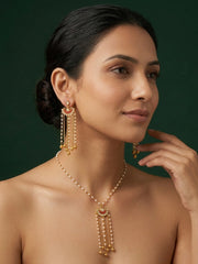 Gold-Toned Pearl Layered Necklace Set with Matching Earrings for Women