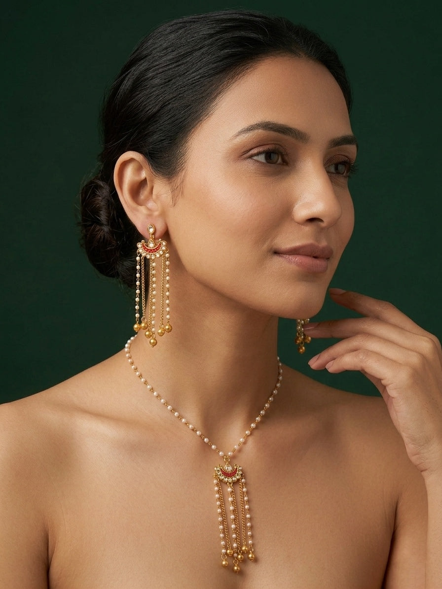 Gold-Toned Pearl Layered Necklace Set with Matching Earrings for Women