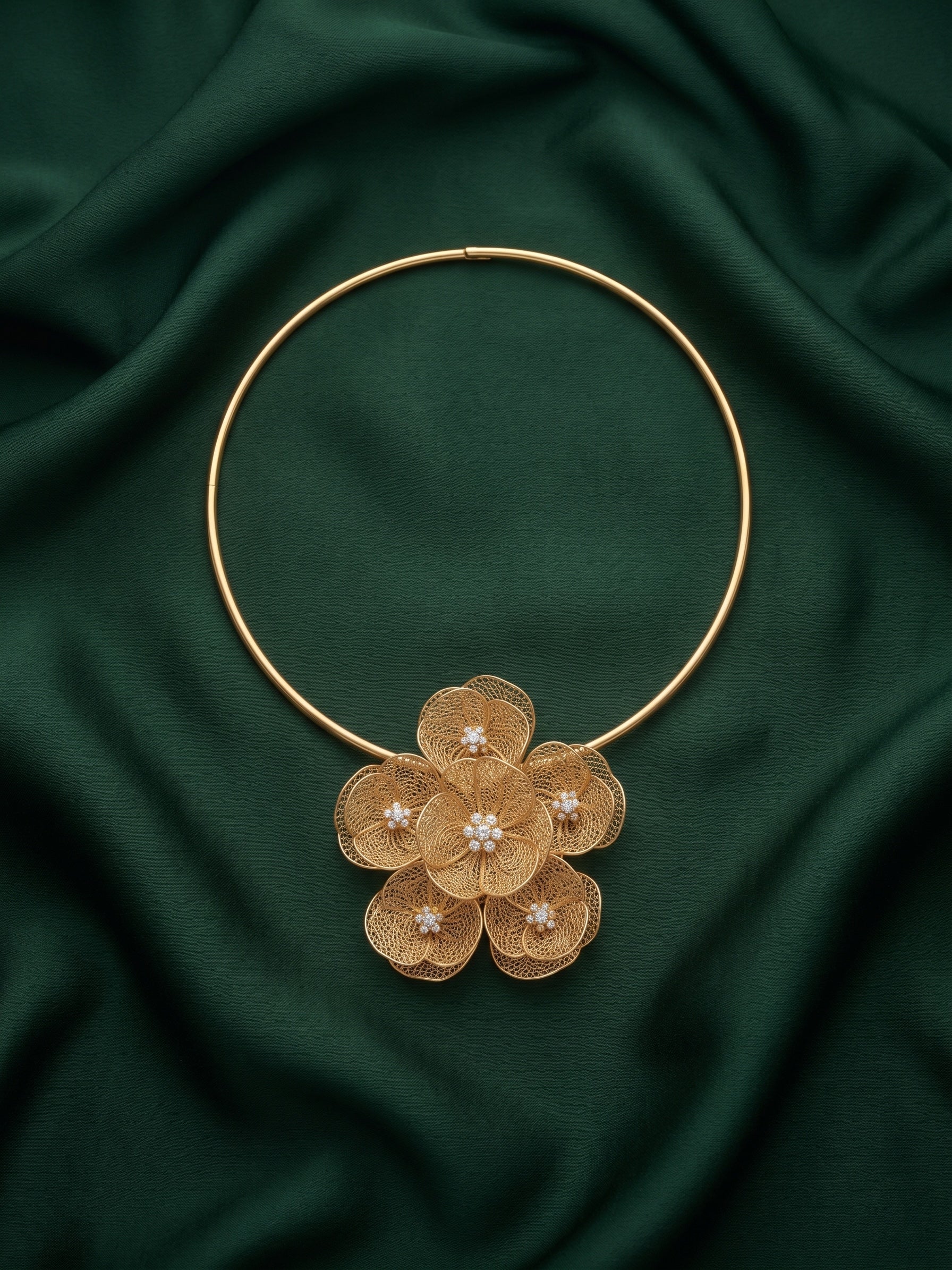 Women Gold-Plated Contemporary Filigree Floral Cluster Choker Collar Necklace