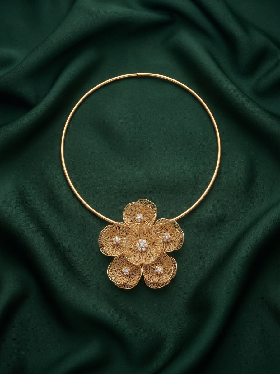 Women Gold-Plated Contemporary Filigree Floral Cluster Choker Collar Necklace