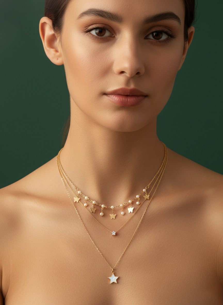 Fancy Star & Beaded Multi Layered Chain Necklace