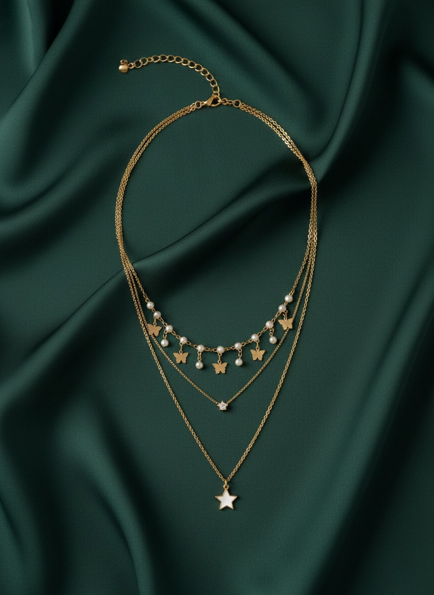 Fancy Star & Beaded Multi Layered Chain Necklace