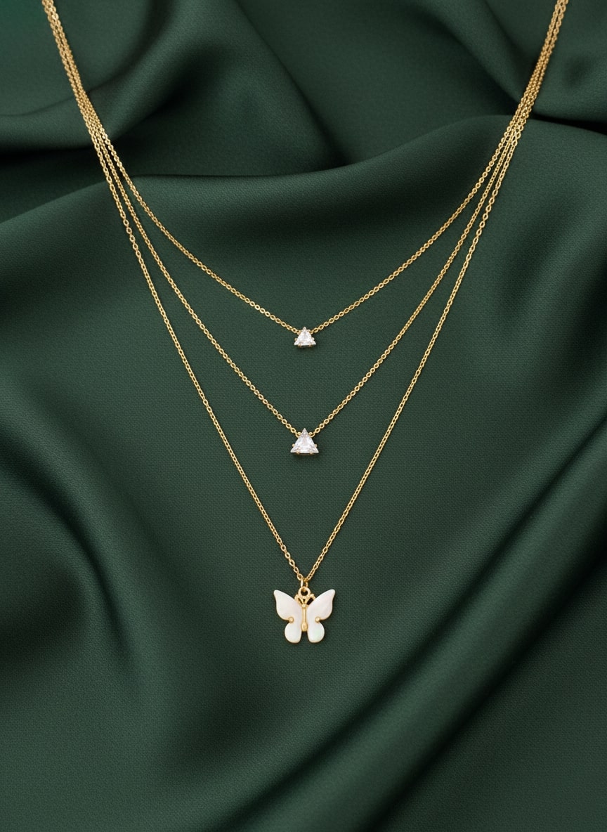 Beautiful Butterfly Pendant With Layered Chain Necklace