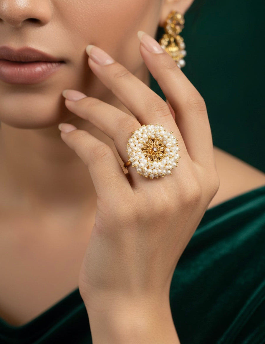 Gold Plated Ring With Beaded Flower