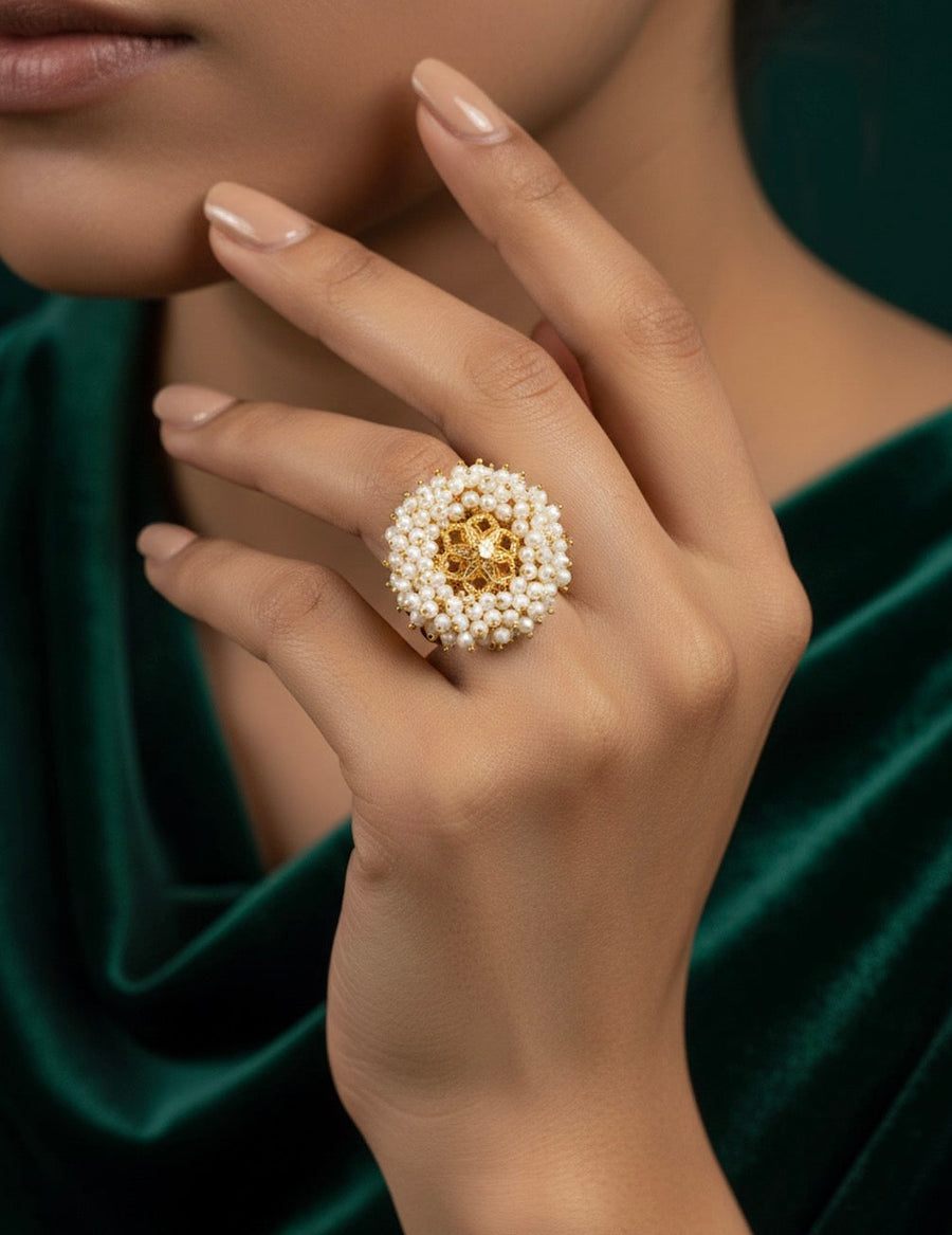 Fancy Golden Ring With Beaded Flower