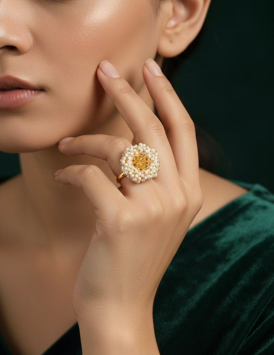 Beautiful Golden Ring With Beaded Flower