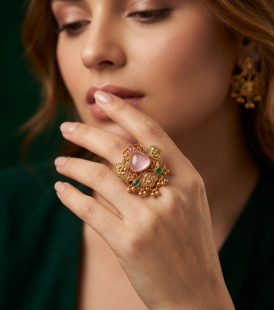 Women Gold-Plated Stone Studded Traditional Statement Ring