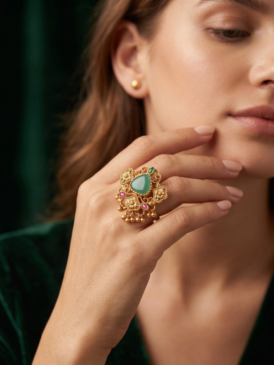 Women Gold-Plated Kundan Traditional Statement Ring