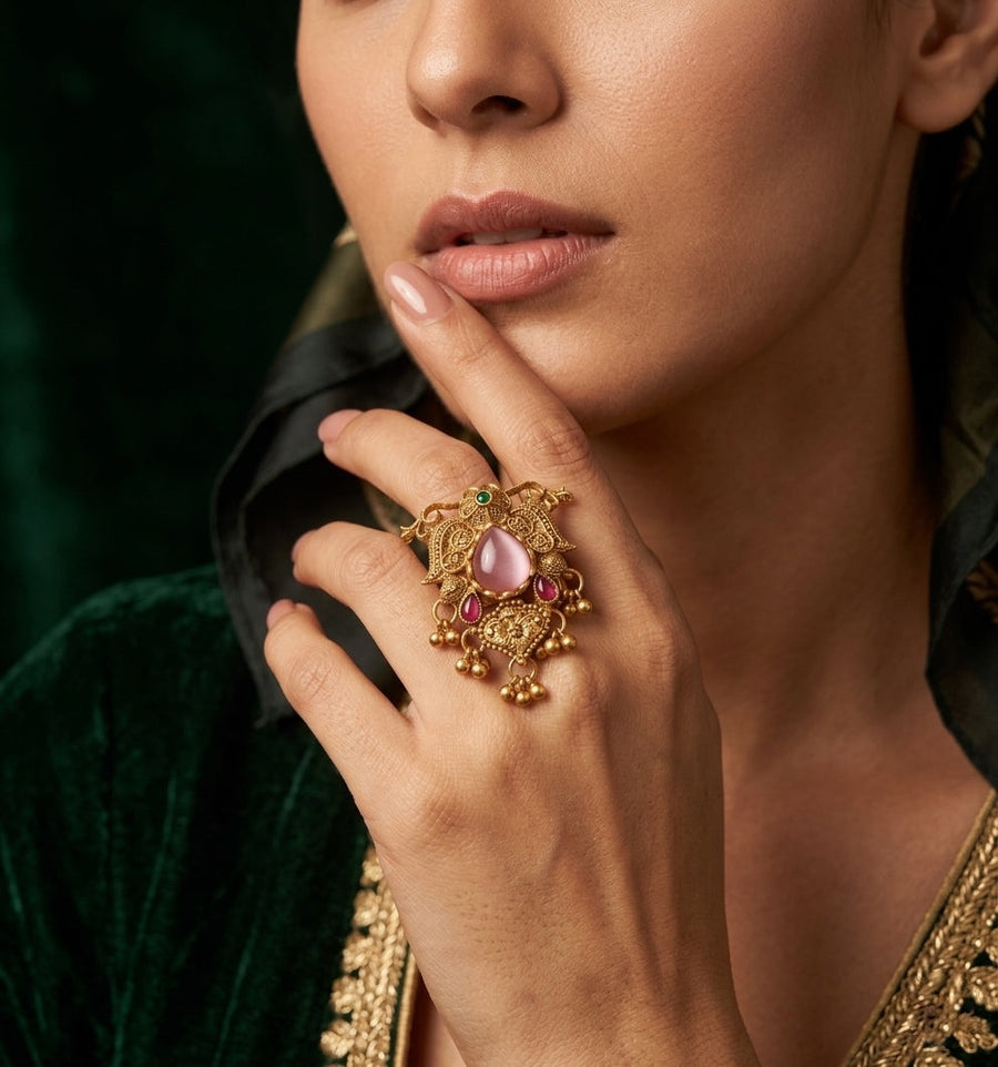 Women Gold-Plated Kundan Traditional Statement Ring