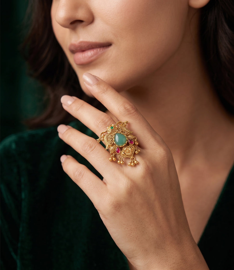 Women Gold-Plated Stone Studded Traditional Statement Ring