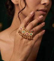 Gold-Toned Kundan Double Finger Ring with Multicolor Stones Ring for Women