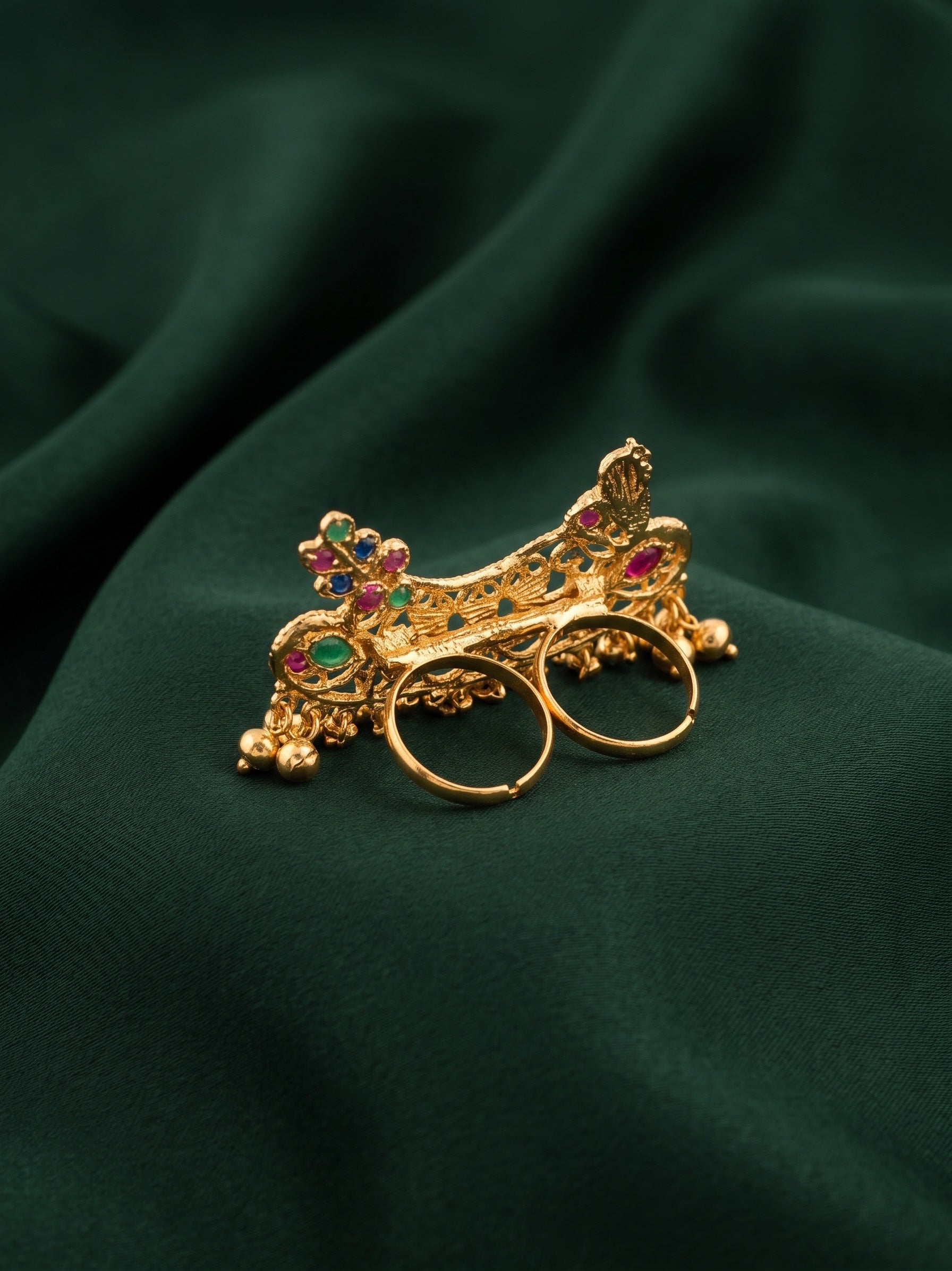 Gold-Toned Kundan Double Finger Ring with Multicolor Stones Ring for Women