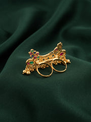 Gold-Toned Kundan Double Finger Ring with Multicolor Stones Ring for Women