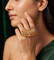 Gold-Toned Kundan Double Finger Ring with Multicolor Stones Ring for Women