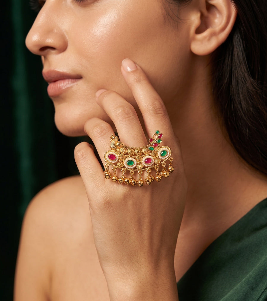 Gold-Toned Kundan Double Finger Ring with Multicolor Stones Ring for Women