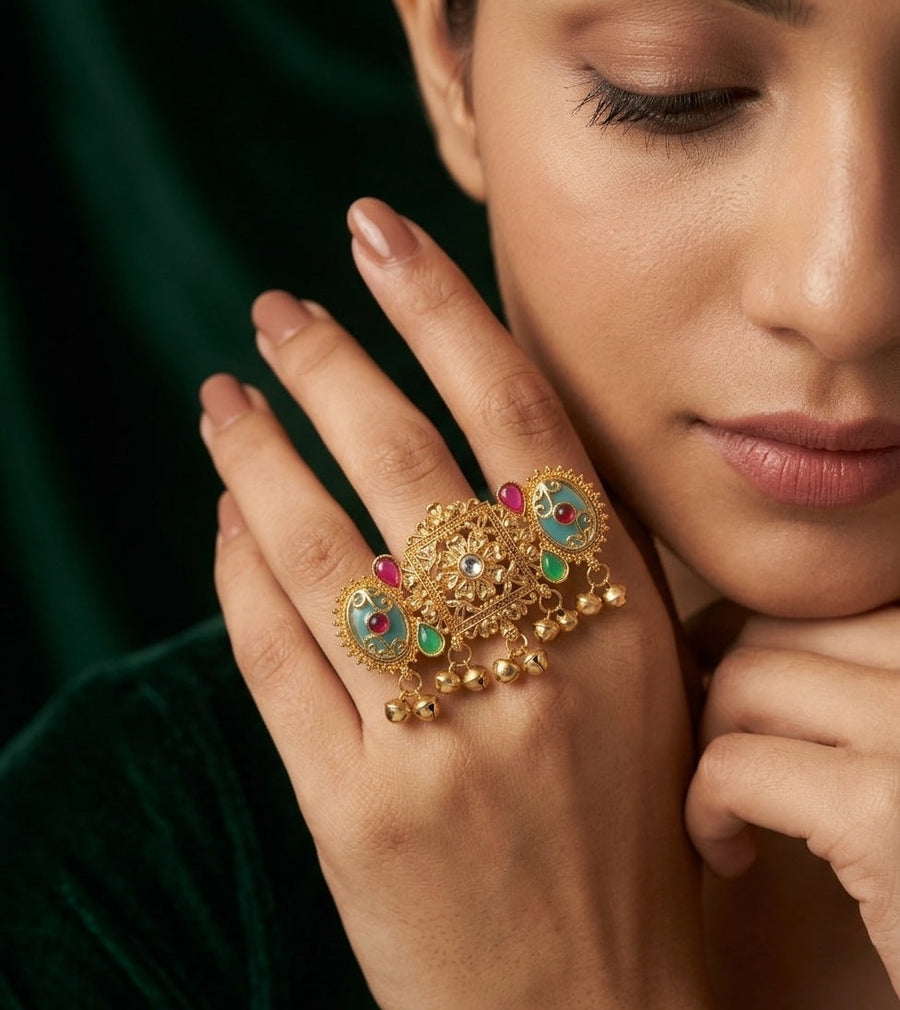 Gold-Toned Kundan Double Finger Ring with Multicolor Stones Ring for Women