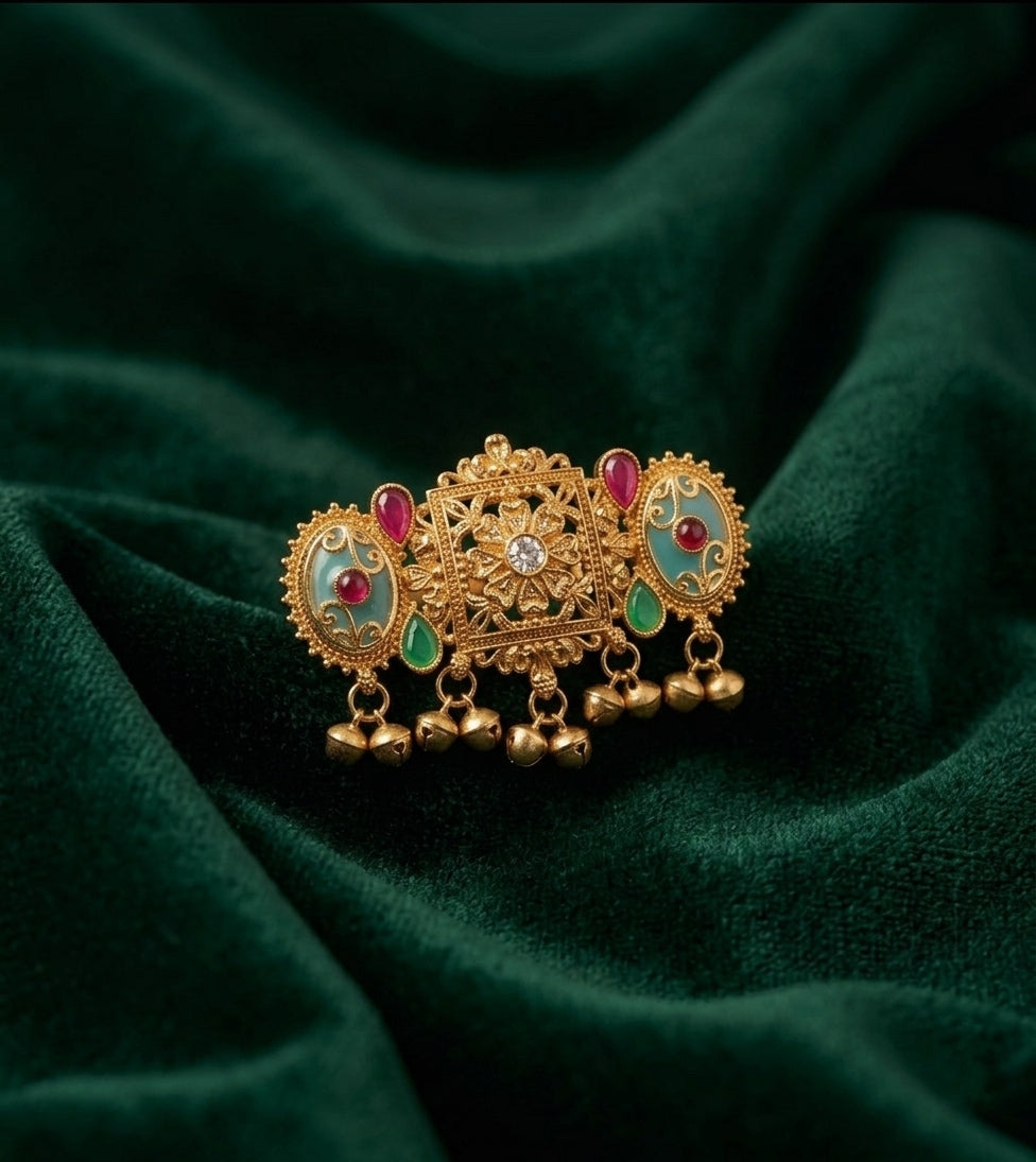 Gold-Toned Kundan Double Finger Ring with Multicolor Stones Ring for Women