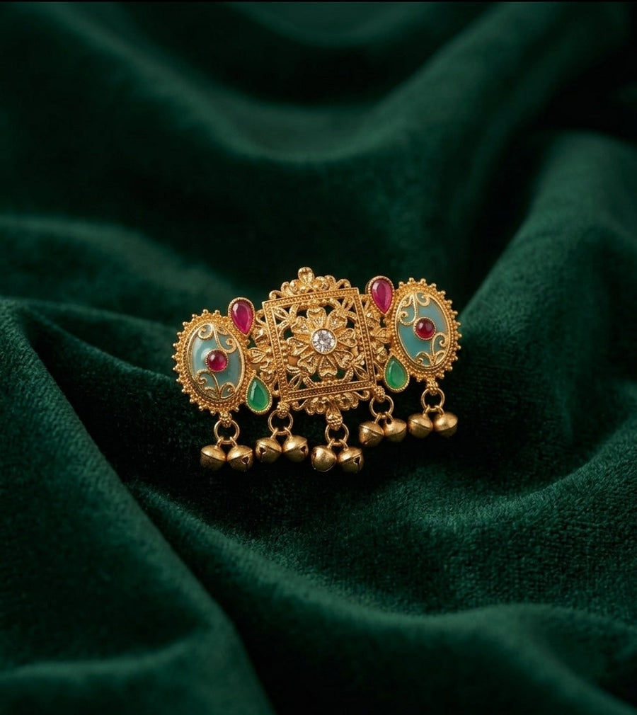 Gold-Toned Kundan Double Finger Ring with Multicolor Stones Ring for Women