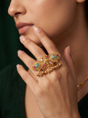 Gold-Toned Kundan Double Finger Ring with Multicolor Stones Ring for Women