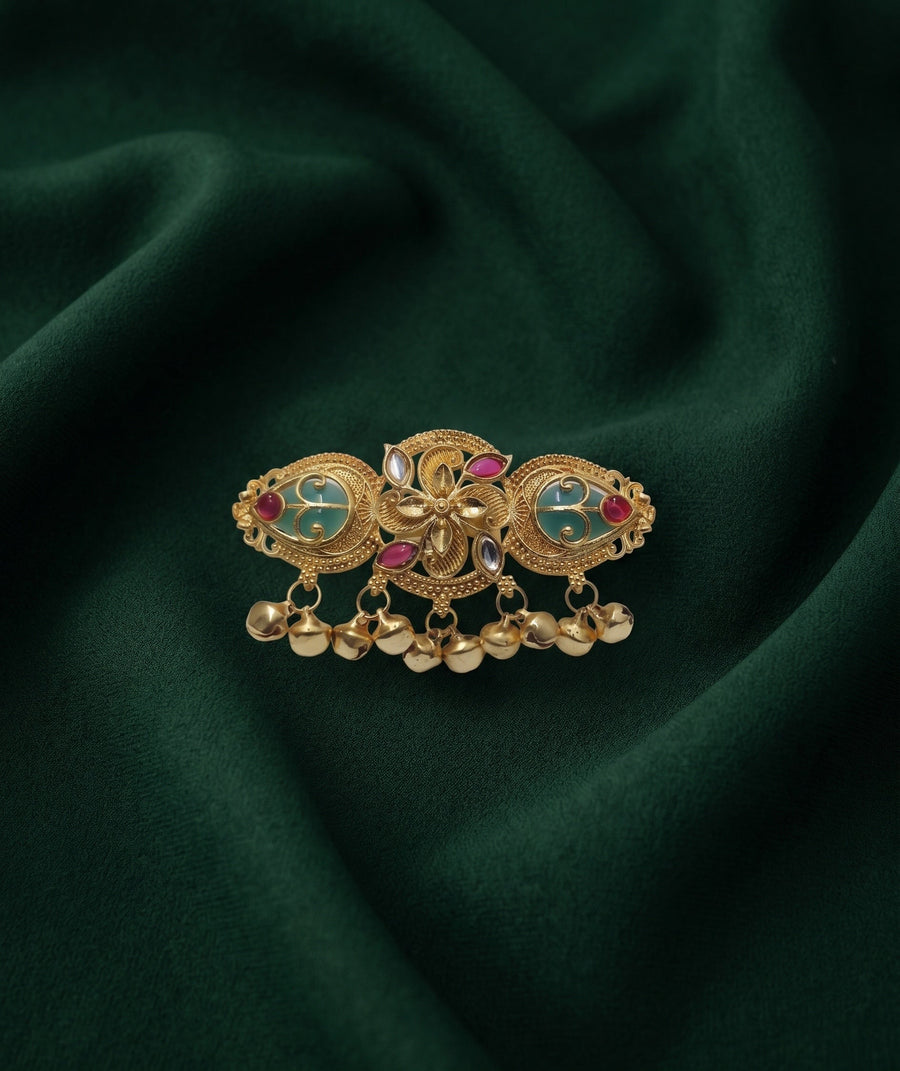 Gold-Toned Kundan Double Finger Ring with Multicolor Stones Ring for Women