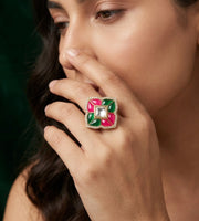 Gold Plated Multicolor Beaded & Kundan Ring
