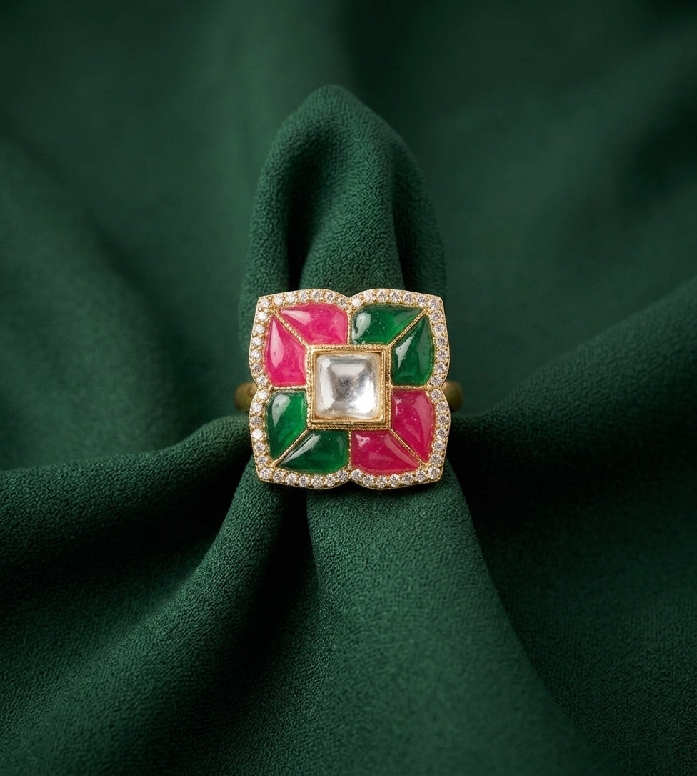 Gold Plated Multicolor Beaded & Kundan Ring