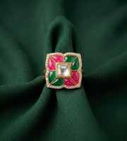 Gold Plated Multicolor Beaded & Kundan Ring