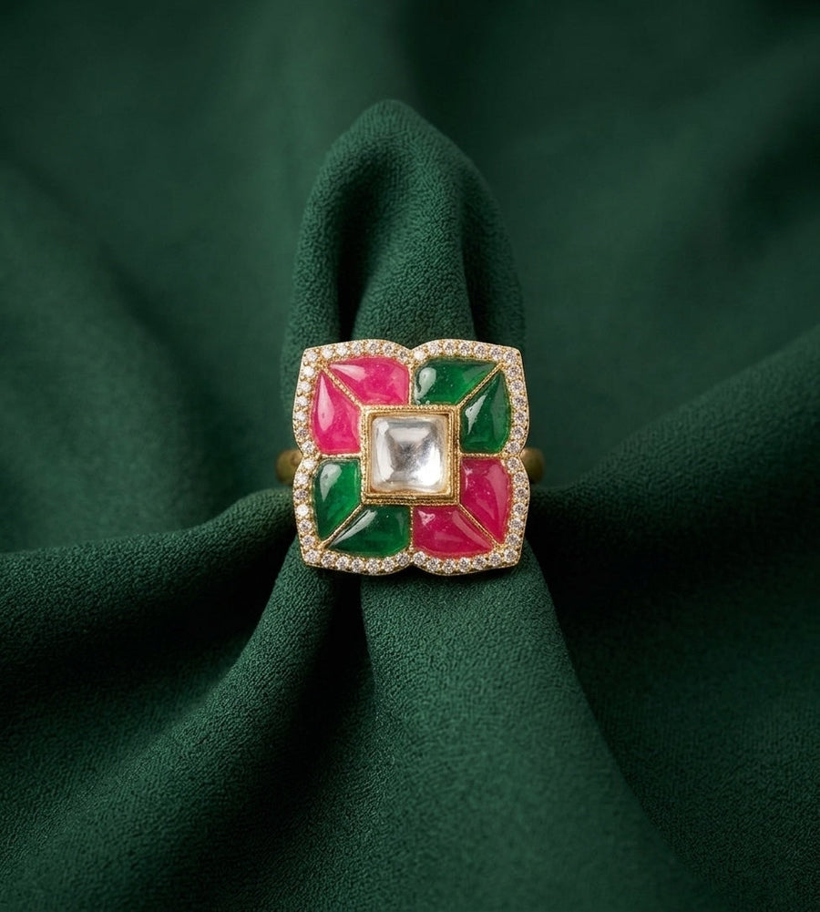 Gold Plated Multicolor Beaded & Kundan Ring
