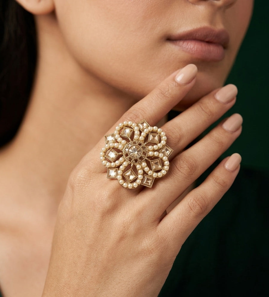 Gold Plated Fancy Diamond & Beaded Ring