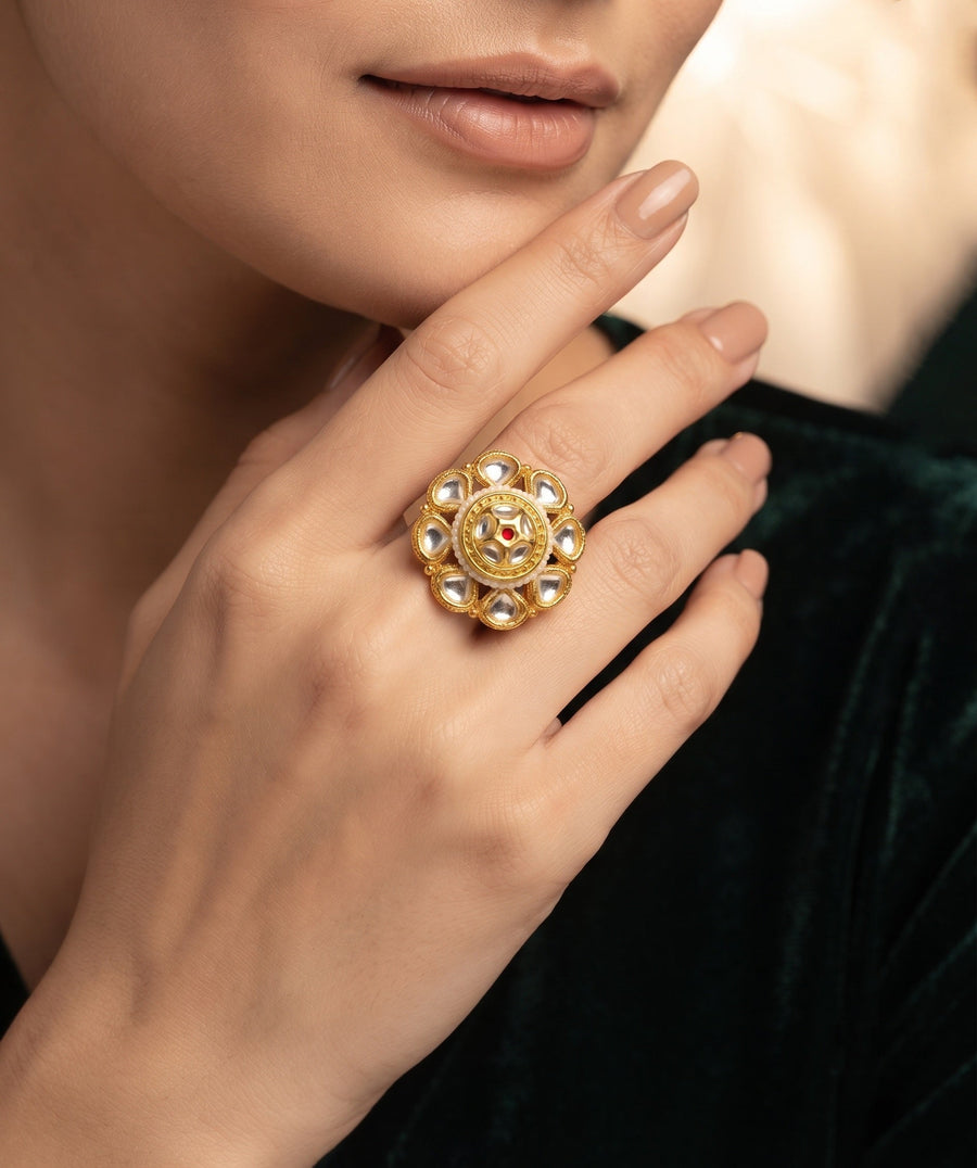 Women Gold-Plated Kundan Traditional Statement Ring