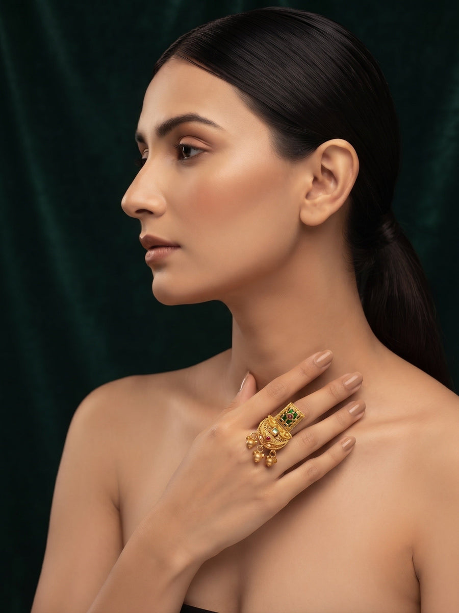 Women Gold-Plated Meenakari Traditional Statement Ring