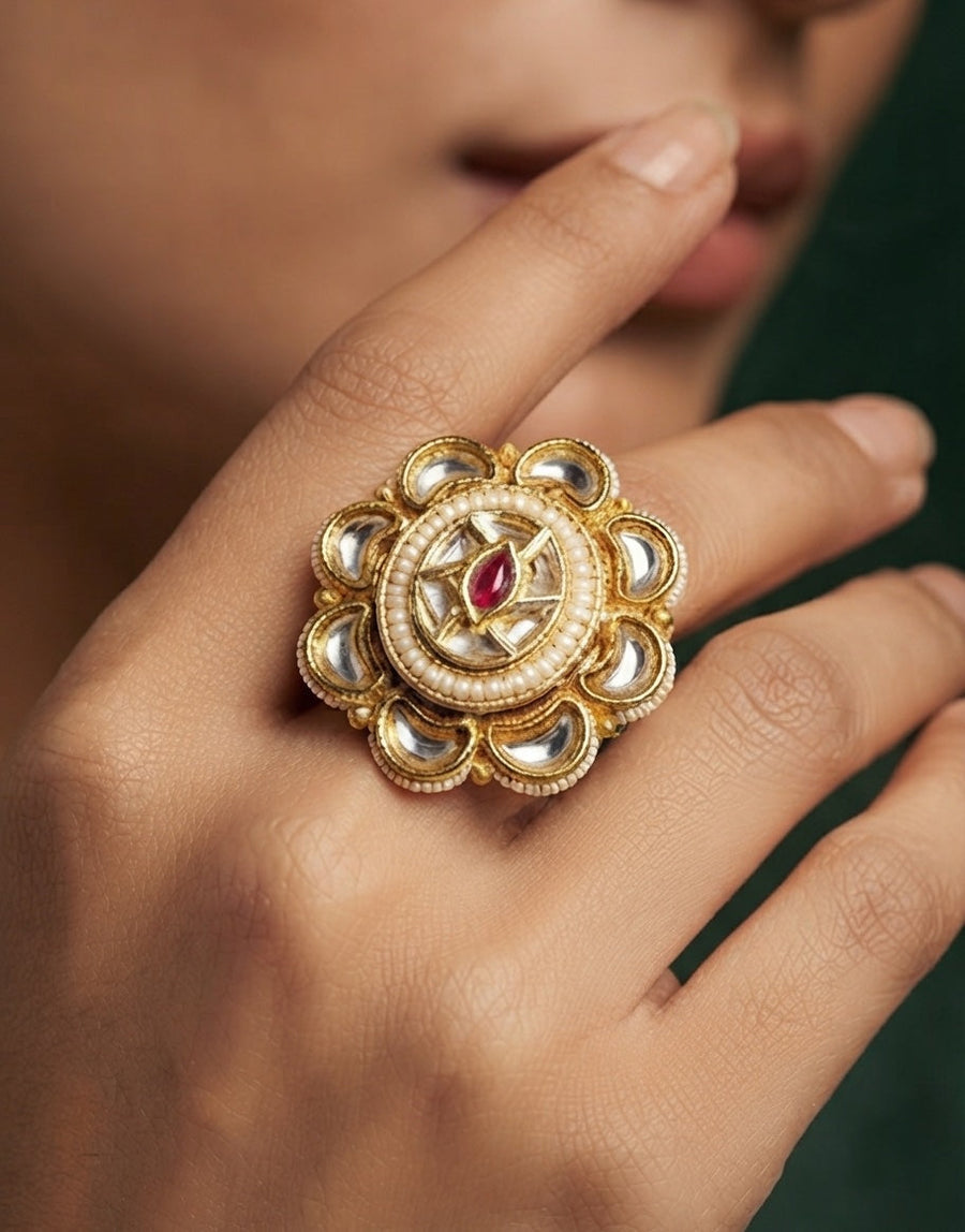 Women Gold-Plated Kundan Traditional Statement Ring