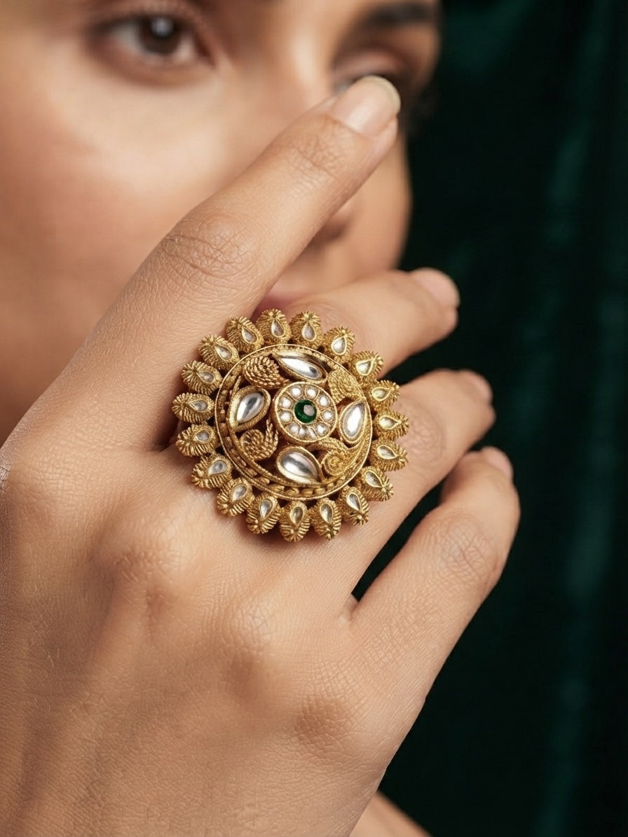 Women Gold-Plated Kundan Traditional Statement Ring
